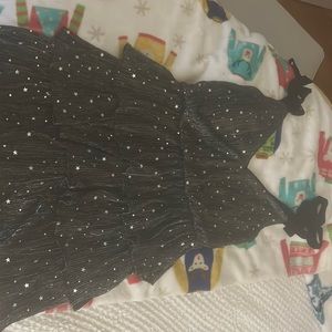 Maddisun Black and Silver Metallic Star Tiered Ruffle Mini Dress